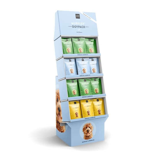 Display made of corrugated board for Doypacks - floor display - manufacturer POS Display. Attractive advertising & sales displays made of corrugated board: Whether pallet, shelf, counter or floor displays. RATTPACK® POS manufacturer