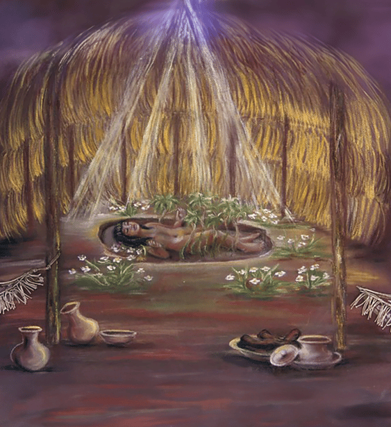 mandi, criança, arte, pintura, aldeia indígena, maloca, túmulo, morte, lágrimas, mandioca, brasil