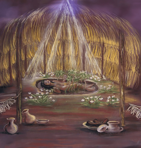 mandi, niño, arte, pintura, aldea indígena, maloca, túmulo, muerte, lágrimas, yuca, brasil