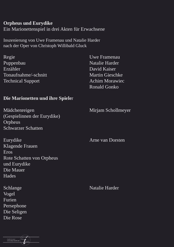 Orpheus und Eurydike, Uwe Framenau, Natalie Harder, Arne van Dorsten, Mirjam Schollmeyer, Ernst Busch, Berlin, Marionetten, Theater, Uraufführung, Puppentheater-Museum Berlin
