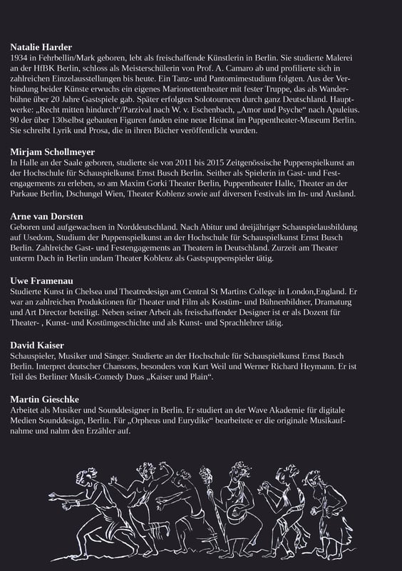 Orpheus und Eurydike, Uwe Framenau, Natalie Harder, Arne van Dorsten, Mirjam Schollmeyer, Ernst Busch, Berlin, Marionetten, Theater, Uraufführung, Puppentheater-Museum Berlin