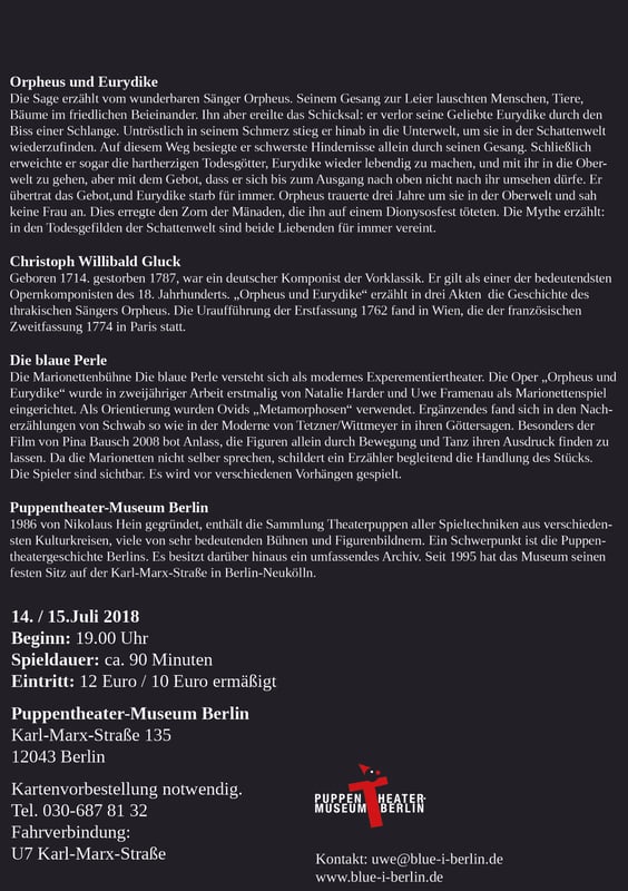 Orpheus und Eurydike, Uwe Framenau, Natalie Harder, Arne van Dorsten, Mirjam Schollmeyer, Ernst Busch, Berlin, Marionetten, Theater, Uraufführung, Puppentheater-Museum Berlin