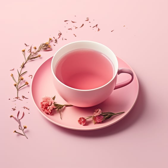 eine Tasse rosa Tee, Blumen und Blätter, im Stil einer realistischen, hyperdetaillierten Darstellung, minimalistische Hintergründe, Tonschärfe, UHD-Bild, Felinecore, Sabattier-Filter