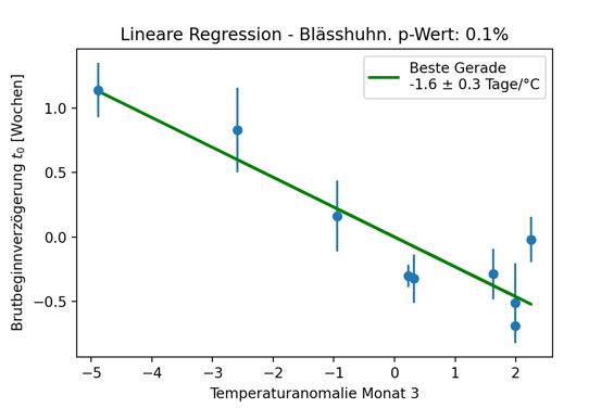 Abbildung 4: Verzögerung des Brutbeginns beim Blässhuhn als Funktion der mittleren Monatstemperatur im März des jeweiligen Jahres. 