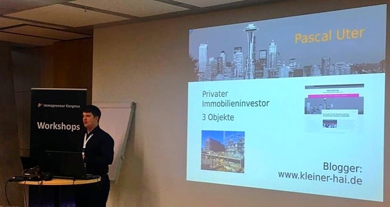 reaky finance, Immopreneur Kongress 2017, Workshopraumbühne, Darmstadtium, Pascal Uter spricht vor Publikum, der kleine Hai