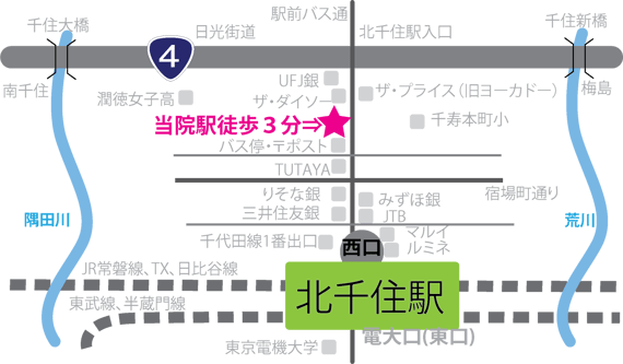 ウィート女性クリニック北千住　北千住駅から見た地図