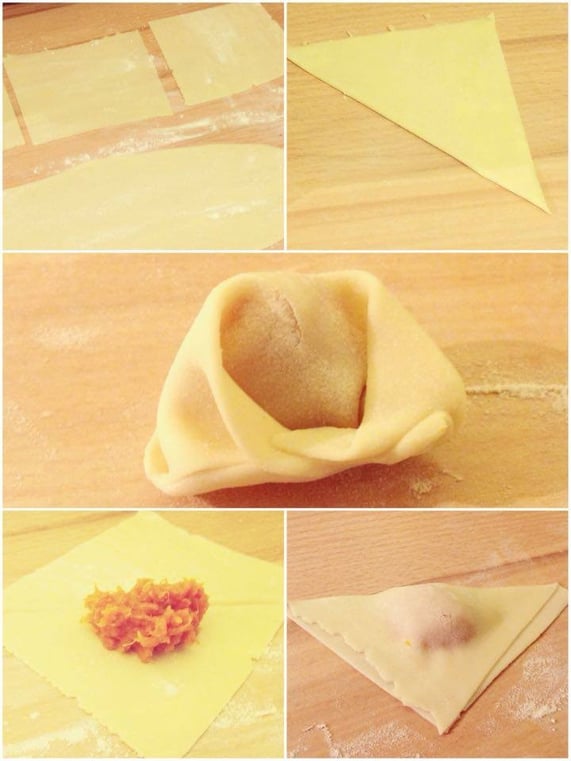 So etwas wie Tortellini in fünf Schritten als Bilder. Das Endergebnis ist mittig zu sehen.