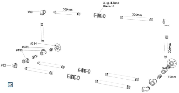 Explosionszeichnung zum Bauplan für ein DIY Industrial Schuhregal aus Rohren 