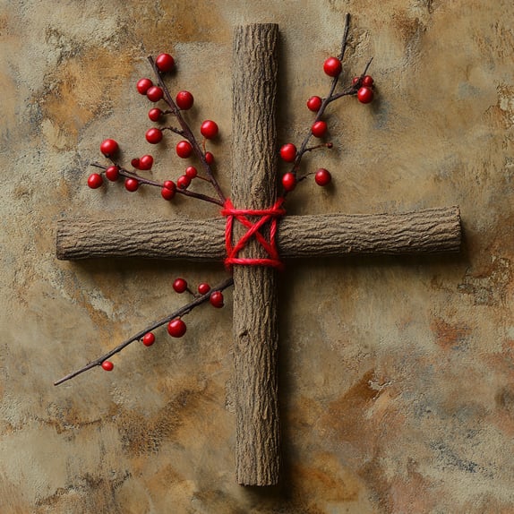 Ein Ebereschenkreuz, geschmückt mit roten Beeren und Zweigen, vor einem strukturierten braunen Hintergrund, von oben betrachtet.