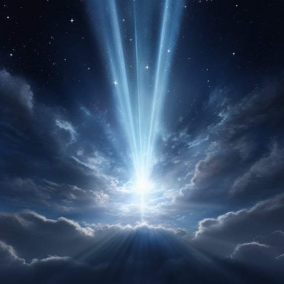 ein Licht, das hinter den Wolken hervorkommt, im Stil kosmischer Symbolik, realistische Darstellung von Licht, Imax, Silber und Indigo, neu interpretierte religiöse Kunst, Furaffinität