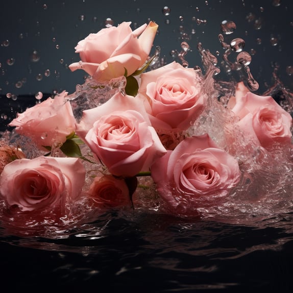 Im Wasser schwimmende rosa Rosen, Blumenexplosionen, Vignettierung, Verwendung, dramatische, verspielte Stillleben, fotografische Quelle