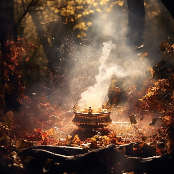 In einem herbstlichen Wald mit goldenem Licht steht ein Kupfer Topf mit Verzierungen, aus dem Topf steigt ein mystischer weisser Rauch auf, umgeben von fliegenden Partikeln