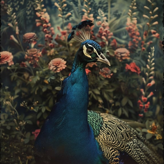 ein Pfau vor vielen blühenden Blumen, in einem warmen ton, im Stil von alten Photographien, das Gesicht des Pfauen ist seitlich zu sehen, er schaut nach rechts