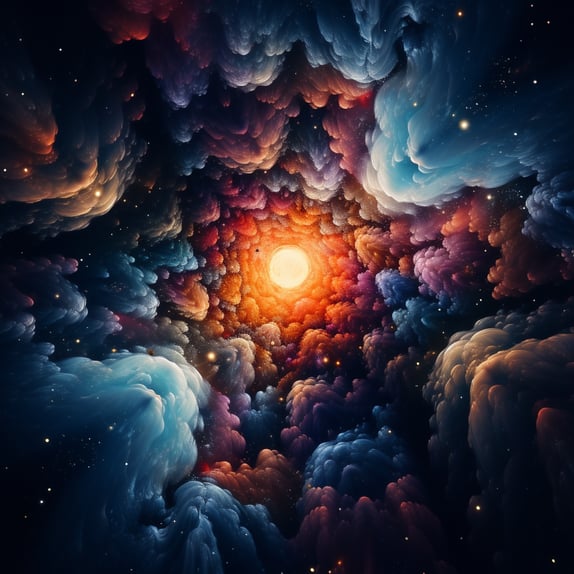 Fraktales Bild einer leuchtenden Sonne in einer Wolke, im Stil psychedelischer surrealistischer Landschaften, detaillierte Malerei, UHD-Bild, dunkle, ahnungsvolle Farben, traumhafte Installationen, realistische Farbpal