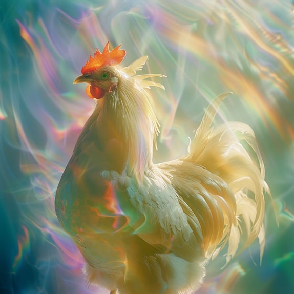 Ein weisses Huhn mit perlmutt farbenen Feder vor einem rosa und violetten hintergrund