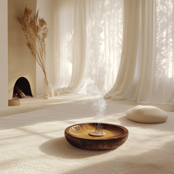 Ein ruhiger Meditationsraum mit weichem, weißem Teppich und großen Fenstern, die sanftes Licht spenden. Eine hölzerne Räucherschale steht auf dem Boden und stößt Rauch aus, der vor ihr ein abstraktes Muster bildet.