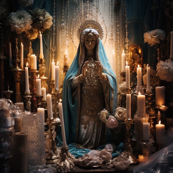 Die Blumen repräsentieren Schönheit und Reinheit, während die Kerzen das göttliche Licht symbolisieren.  Dieser Altar ist ein Ort der Hingabe und des Gebets, an dem Gläubige die Heilige Maria um ihre Fürsprache und Segnungen bitten.