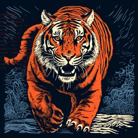 Ein wunderschöner illustrierter Tiger in Orange, schwarz und beige ist zu sehen, der Hintergrund ist schwarz mit bläulichen abstrakten Blumen und Strichen, der Untergrund ist beige und bläulich auf Schwarz