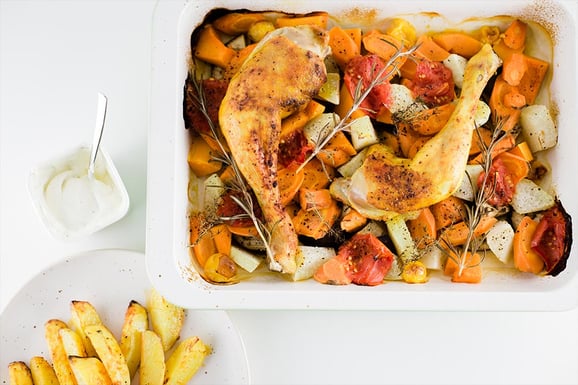 Hähnchen mit Ofengemüse aus dem Dampfgarer.