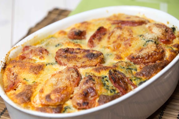 Spinat-Tomaten-Polenta-Auflauf aus dem Dampfgarer.