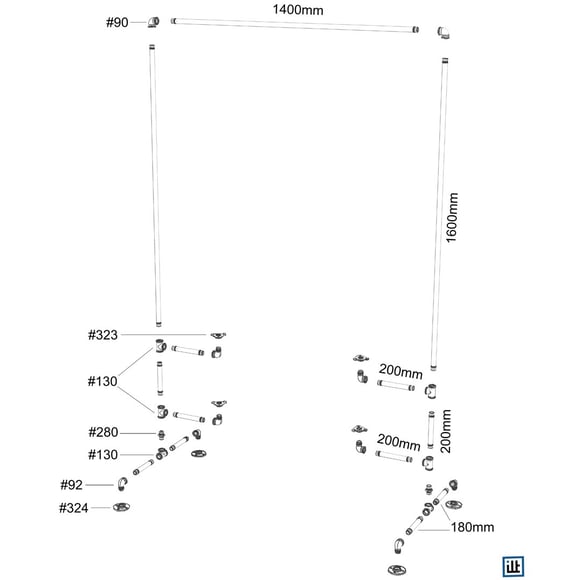 Explosionszeichnung zur Bauanleitung für einen Industrial Kleiderständer aus Rohren und Temperguss