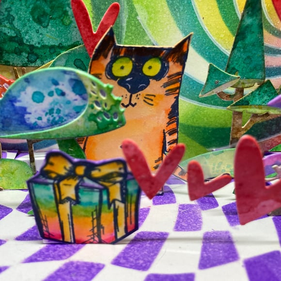 stamps, snarky cats, tim holtz, sizzix, stampers anonymous, handmade pop up card, pinkepinke