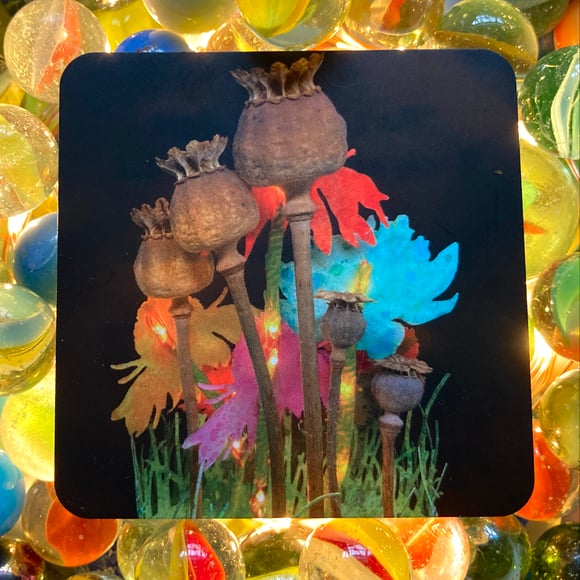 colorful creative handmade new years card with paper flowers and poppies, original artwork printed by MOO