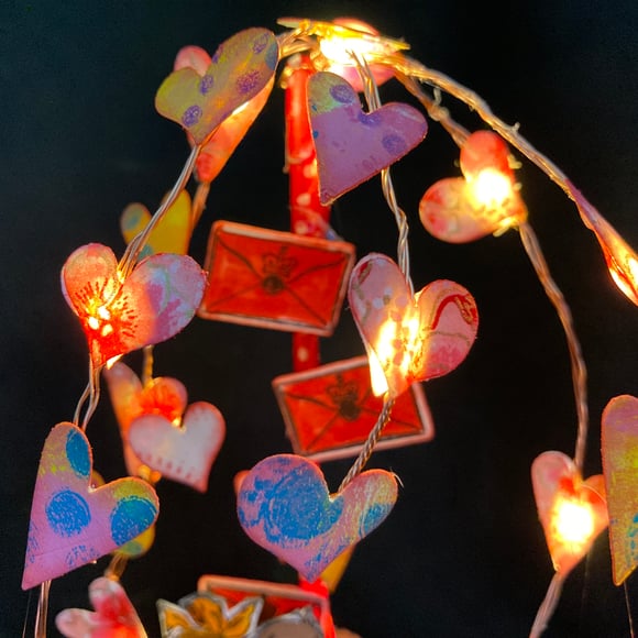 glass dome, glass bubble, bell jar, hearts, gelliprints, stamps, valentine, love is, Pinkepinke