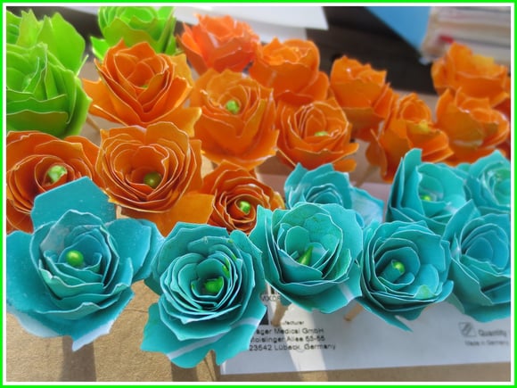 gelliplate, paper, orange, green, blue, paper flowers