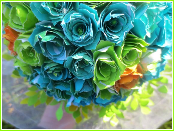 paper flower, boucquet, wedding, paper, paint, gelliplate, monoprinting, blue, green,orange