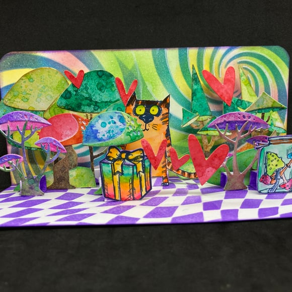 pop up card, handmade card, pinkepinke, ooak mechanical card, psychedelic, cat, funky forest, tim holtz