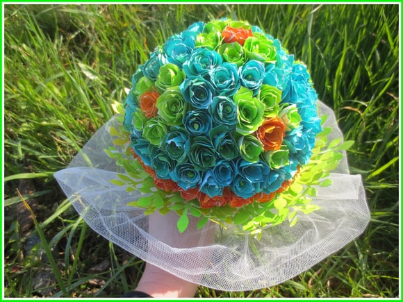 weddingbouquet, paperflowers, gelliplate, monoprinting, blue, green, orange