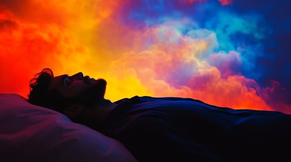 Der Mann liegt im Bett, den Kopf nach oben geneigt und die Augen geschlossen, und schläft vor dem Hintergrund bunter Wolken. Die Farben sind hell und lebendig und schaffen eine Atmosphäre voller Träume. Der Fokus liegt auf dem Gesicht des Mannes