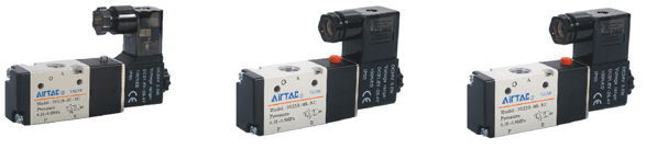 elettrovalvole tre vie, due posizioni, da M5, 1/8", 1/4", 3/8", complete di bobina e connettore luminoso con led.