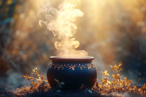 Ein dampfender Kessel voller Zaubertrank vor einer verzauberten Waldkulisse. Das sanfte Sonnenlicht wirft sanfte Schatten auf die Szene und schafft eine magische Atmosphäre. Hochwertiges Foto