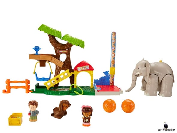Im Paket Fisher-Price ist ein Zoo-Spielset mit Baum und Wippe, ein Tierpfleger, ein Figur Mia, ein grosser Elefanten, ein Äffchen, zwei Futterteile, ein Massstab und ein Zaunverbindungsstück enthalten.