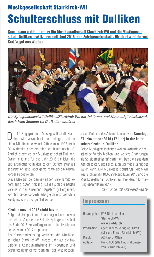 Artikel auf Seite 4 der "Dorf-Post" (FDP) Starrkirch-Wil (Bild anklicken für Vergrösserung)