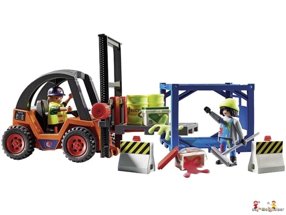Besonderheiten im Playmobil Paket 70772 ist die Hubfunktion, Containermodul und Schwerlastpaletten.