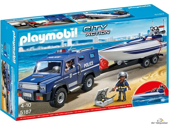 Bei der Bestellung im Onlineshop der-Wegweiser erhalten Sie das Playmobil Paket 5187 "Polizei-Truck mit Speedboot inkl. Unterwassermotor".