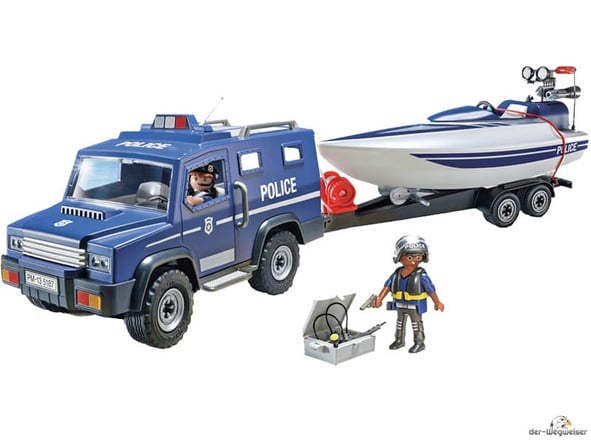 Im Paket Playmobil 5187 sind 90 Einzelteile, 1 Polizei-Jeep, 1 Speedboot, 1 Unterwassermotor, 1 Polizei Anhänger, 2 Polizisten und weiteres Zubehör enthalten.