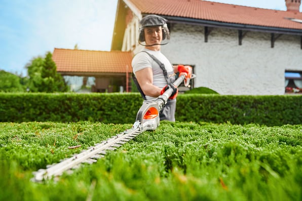 Ein Mann schneidet mit einer Heckenschere präzise eine Hecke – ein Beispiel für die fachgerechte Pflege durch Baumpflege ImmerGrün, die für saubere Formschnitte und gesundes Wachstum sorgt.