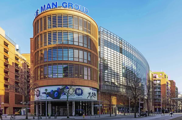 Das ehem. IMAX und heutige "Stage Bluemax - Theater" am 10. März 2025. Blick auf die seitliche Glasfassade, hinter der sich der große Kuppelsaal verbirgt.