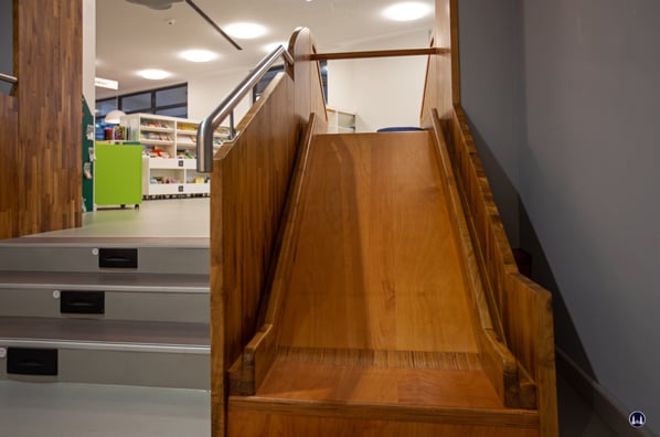 Eine Holzrutsche überwindet auf lustige Art die Stufen zum Lesesaal.