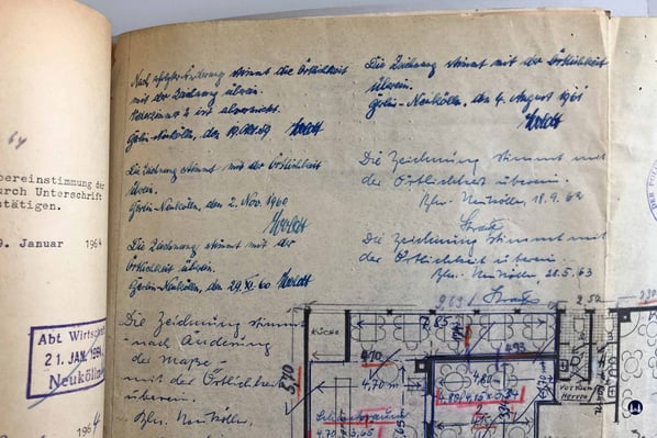 Skizze der umgebauten Gaststätte "Ankerklause" Kottbusser Brücke. Der erste Eintrag, dass die Skizze den tatsächlichen Gegebenheiten entspricht stammt vom 19. Oktober 1959. 