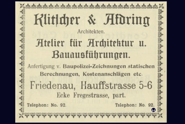 Werbeanzeige des Architekturbüros von Klitscher & Afdring, das damals in der Friedenauer Hauffstraße 5-6 ansässig war.