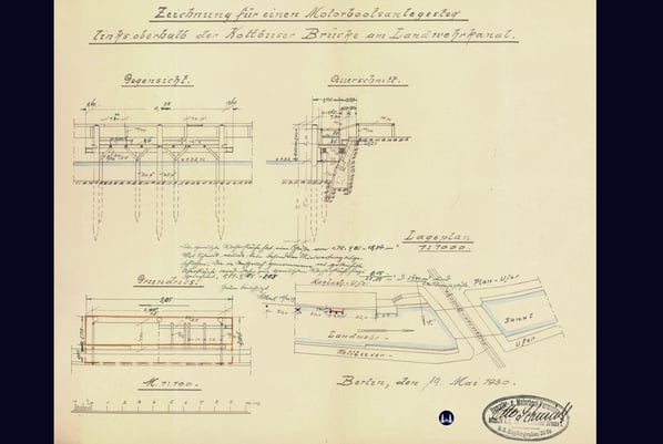 Kottbusser brücke, Ankerklause. Bauantrag zur Errichtung eines weiteren Anlegestegs am Maybachufer. Das Dokument trägt die Unterschrift Otto Schmidts.