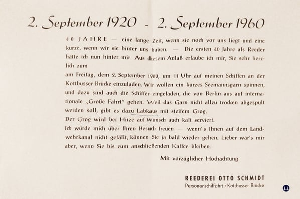 Einladung zum 40-jährigen Jubiläum der Reederei Otto Schmidt am Neuköllner Maybachufer in Berlin.