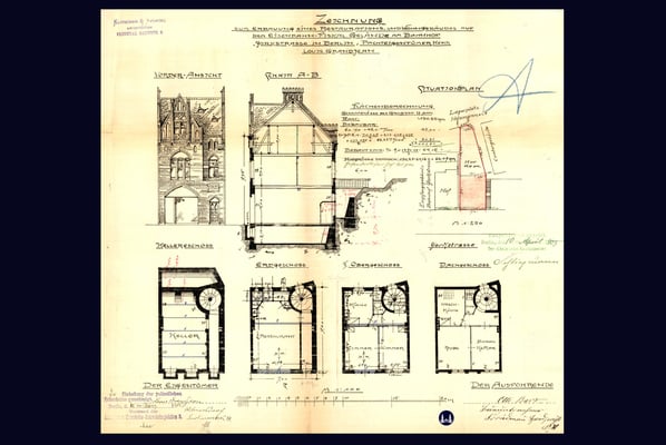 Fassadenansicht, Querschnitt und Etagengrundrisse der Restaurationsgebäudes Yorckstraße, Fa. Klitscher & Afdring. 