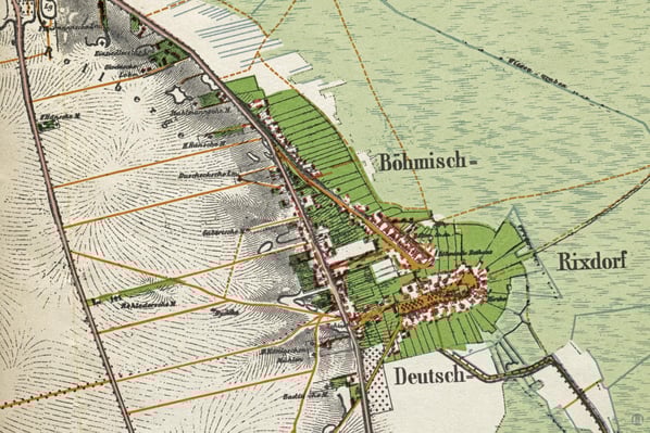Karte von Böhmisch- und Deutsch Rixdorf mit eingezeichneter Badingscher Mühle.
