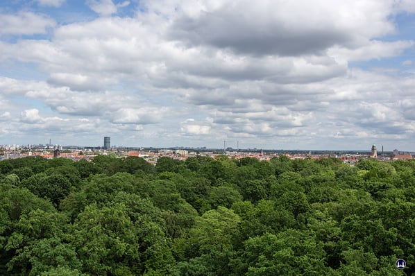Ganz links ist gerade noch oberhalb der Baumwipfel der dunkle Backsteinturm der St. Christophorus - Kirche in der Nansenstraße zu sehen. Rechts davon im Hintergrund ist an seiner blauen Verglasung der Hochhausturm der "Treptowers" und am rechten Bildrand 